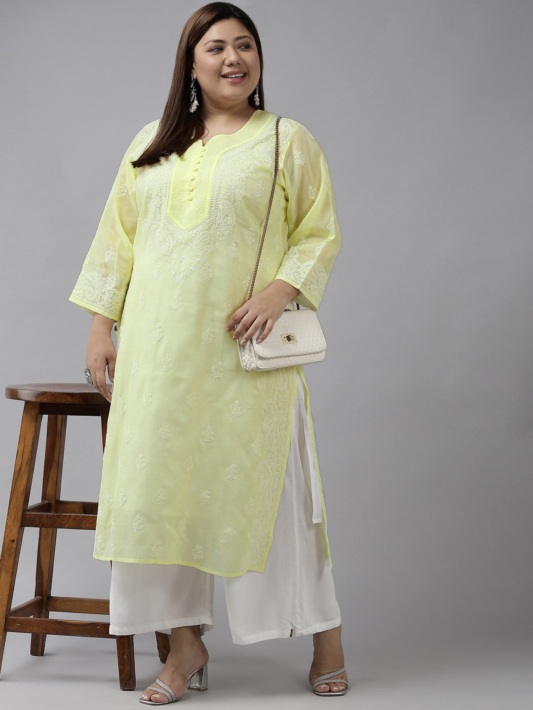 Ada Hand Embroidered Lemon Cotton Lucknowi Chikankari Straight Kurta A100355