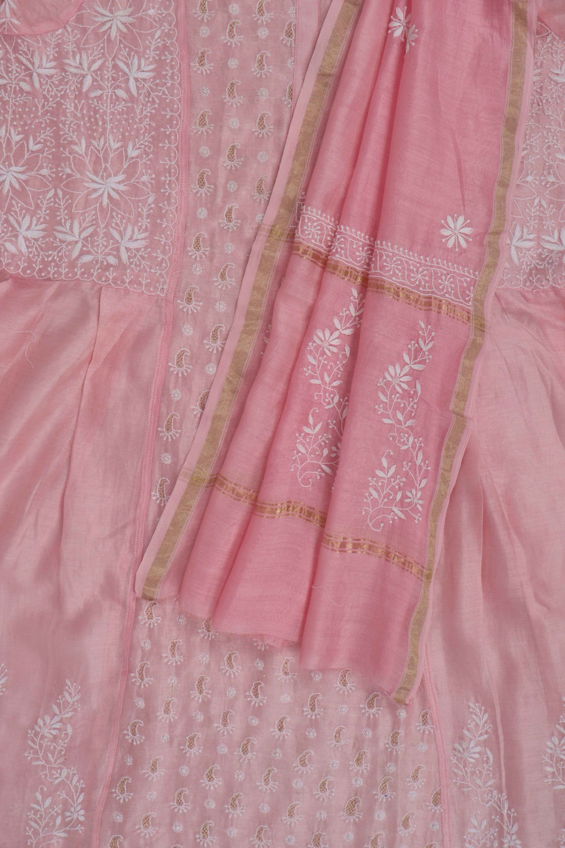 Ada Hand Embroidered Powder Pink Chanderi Lucknowi Chikankari Semi-Stitched Anarkali Kurta Dupatta Set With Zari Work 01A248288
