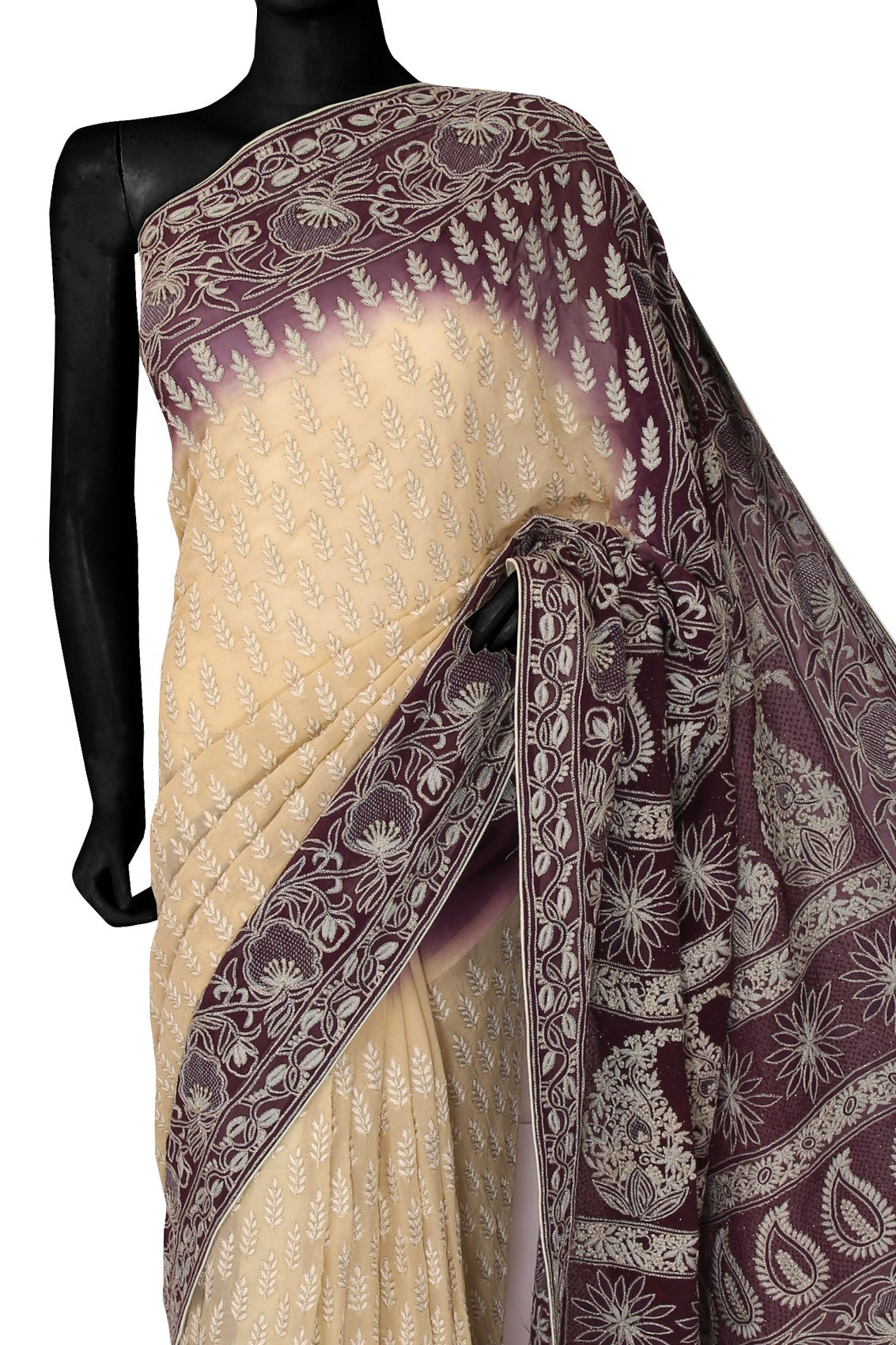 Ada Hand Embroidered Cream & Wine Ombre shade Pure Georgette Lucknowi Chikankari Saree/Blouse With Zari Work A59038