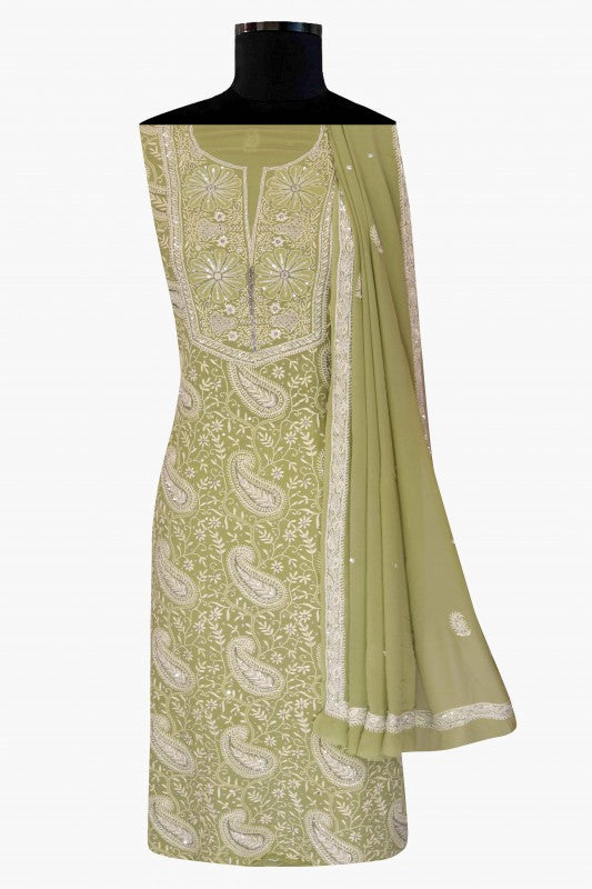 Ada Hand Embroidered Sage Green Pure Georgette Chikan Unstitched Kurta Dupatta Set with Sequinned Work - A511812