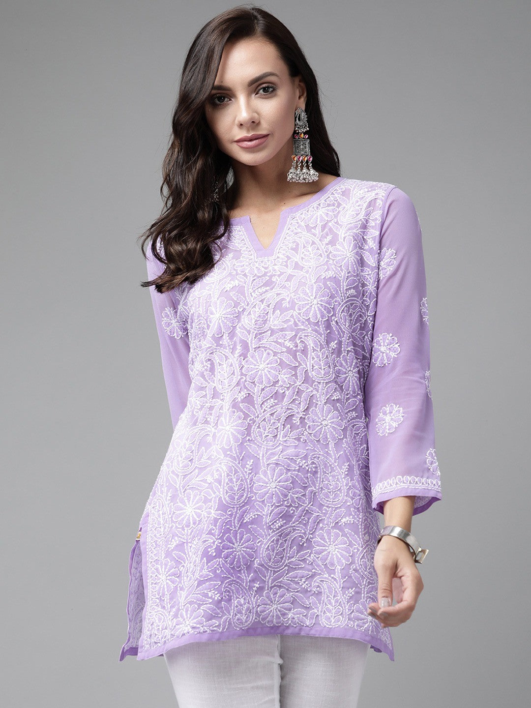 Ada Hand Embroidered Mauve Georgette Lucknowi Chikankari Straight Kurti A911227