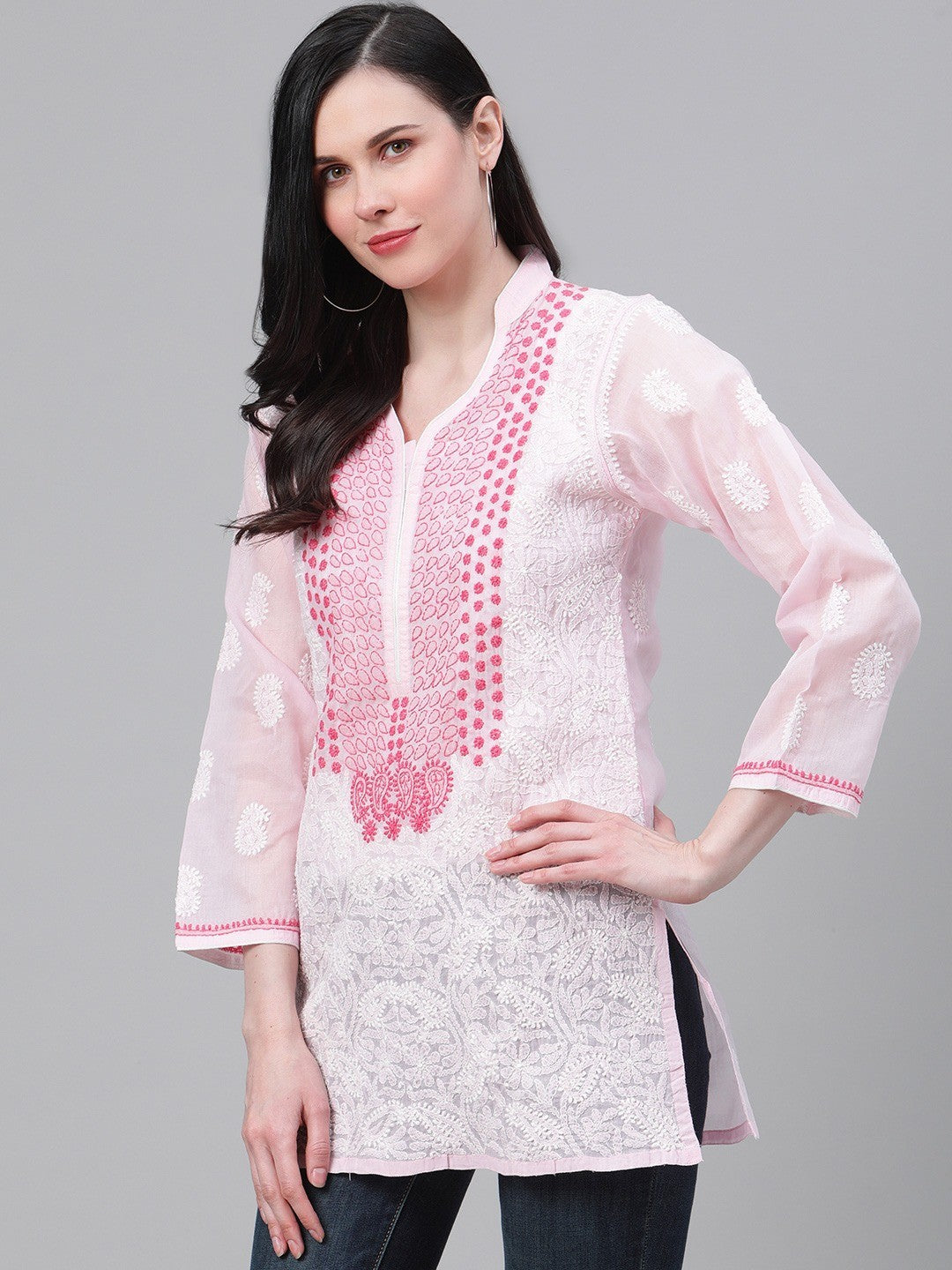 Ada Hand Embroidered Pink Cotton Lucknow Chikan Kurti-A261087