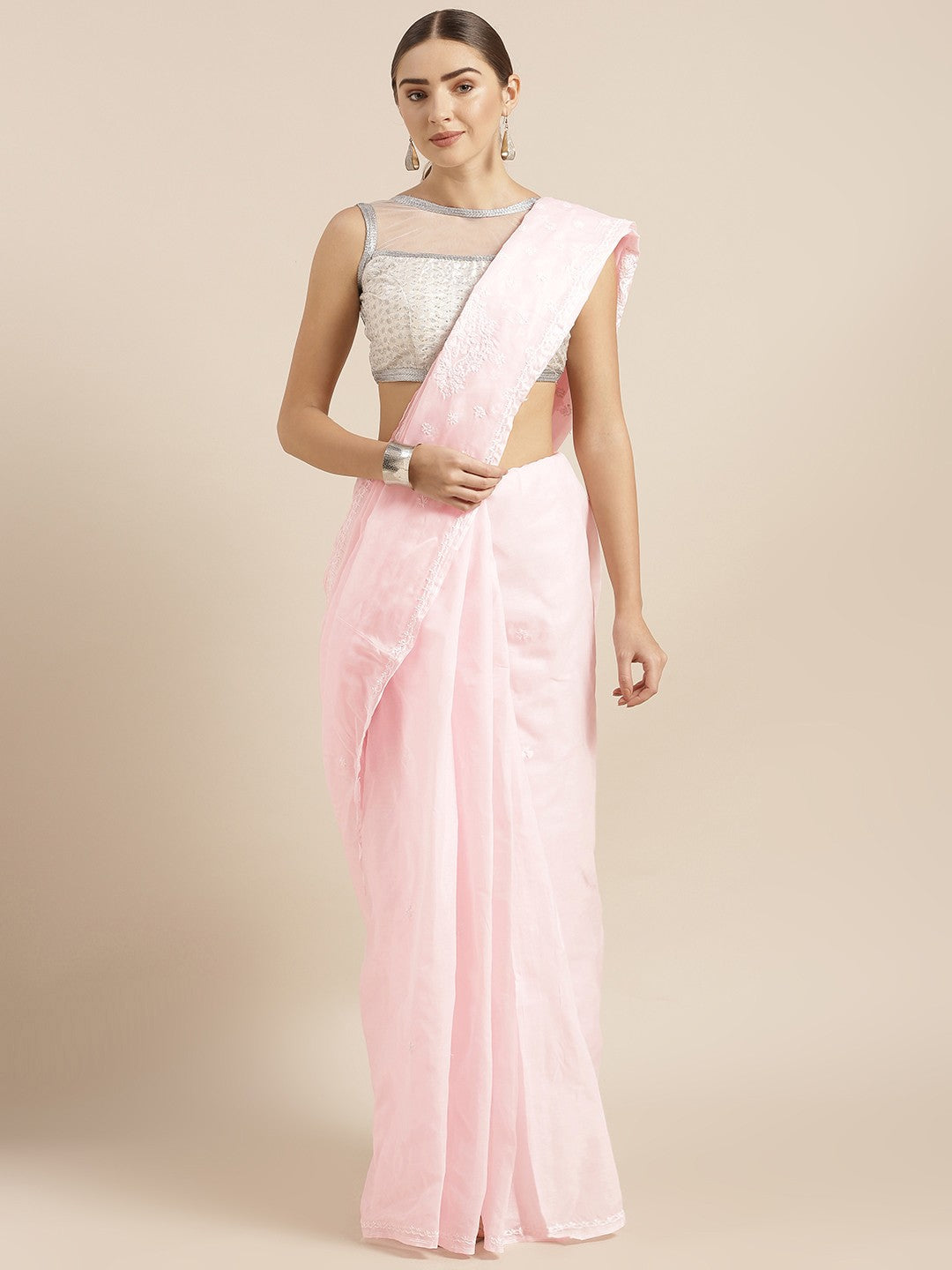 Ada Hand Embroidered Pink Cotton Lucknow Chikan Saree With Blouse- A346142