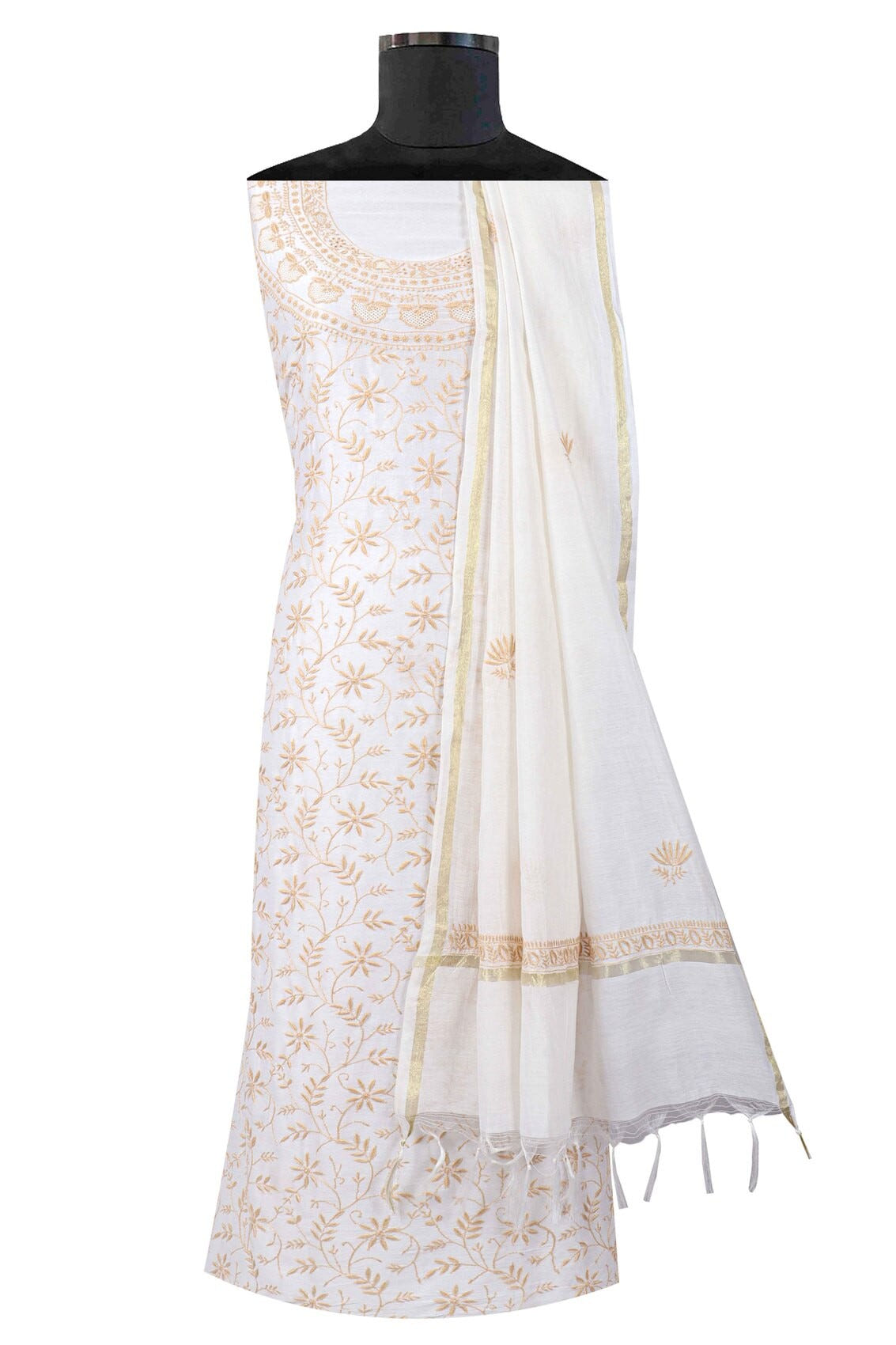 Ada Hand Embroidered Cream Chanderi Lucknowi Chikankari Unstitched Kurta Dupatta Set 01A130056
