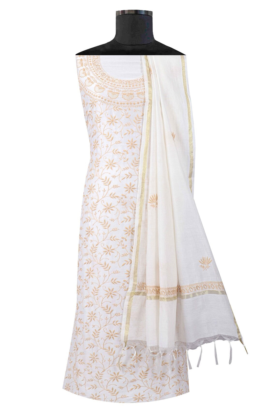 Ada Hand Embroidered Cream Chanderi Lucknowi Chikankari Unstitched Kurta Dupatta Set 01A130056