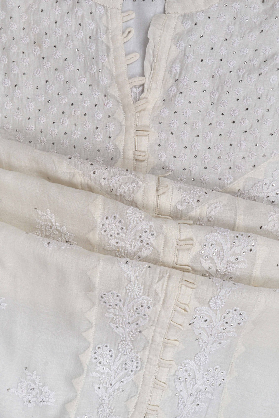 Ada Hand Embroidered Cream Chanderi Lucknowi Chikankari Semi-Stitched Anarkali Kurta Dupatta Set With Muqaish Work A326794