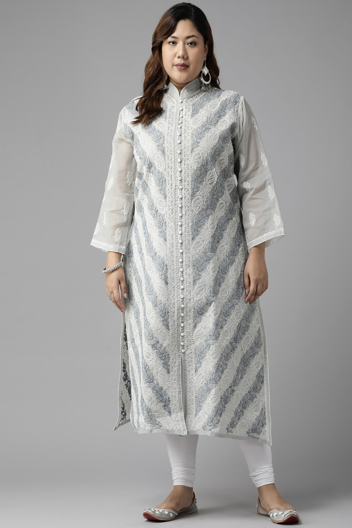 Ada Hand Embroidered Grey Cotton Lucknow Chikan Straight Kurta  A411320