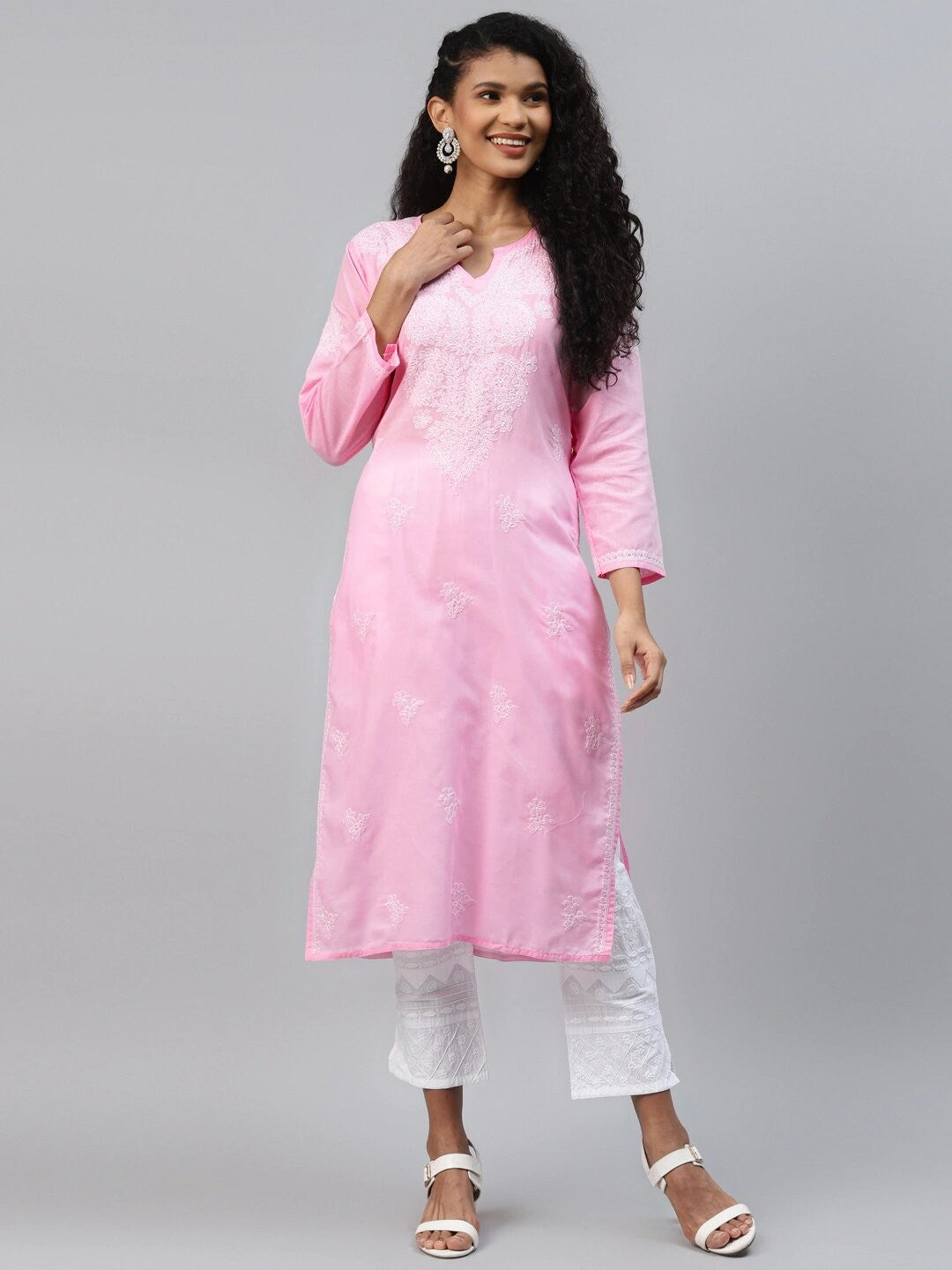 Ada Hand Embroidered Baby Pink Cotton Lucknowi Chikankari Kurta A302192