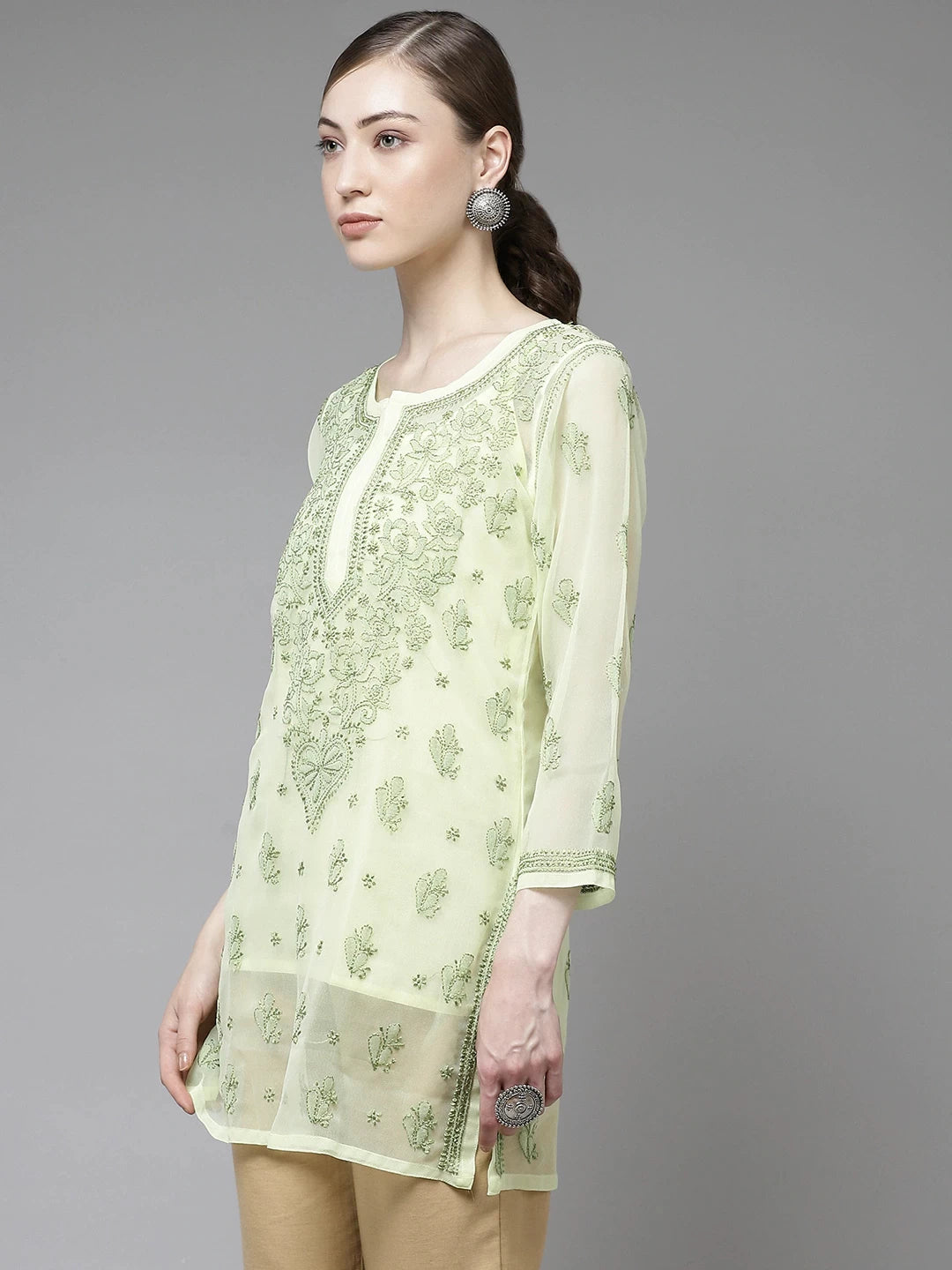 Ada Hand Embroidered Lemon Georgette Lucknow Chikan Kurti With slip-A911137