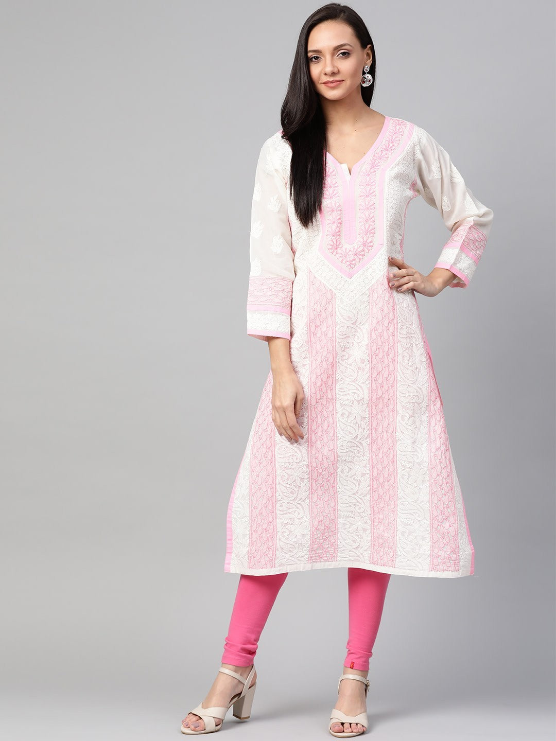 Ada Hand Embroidered White Cotton Lucknow Chikan Straight Kurta A273467