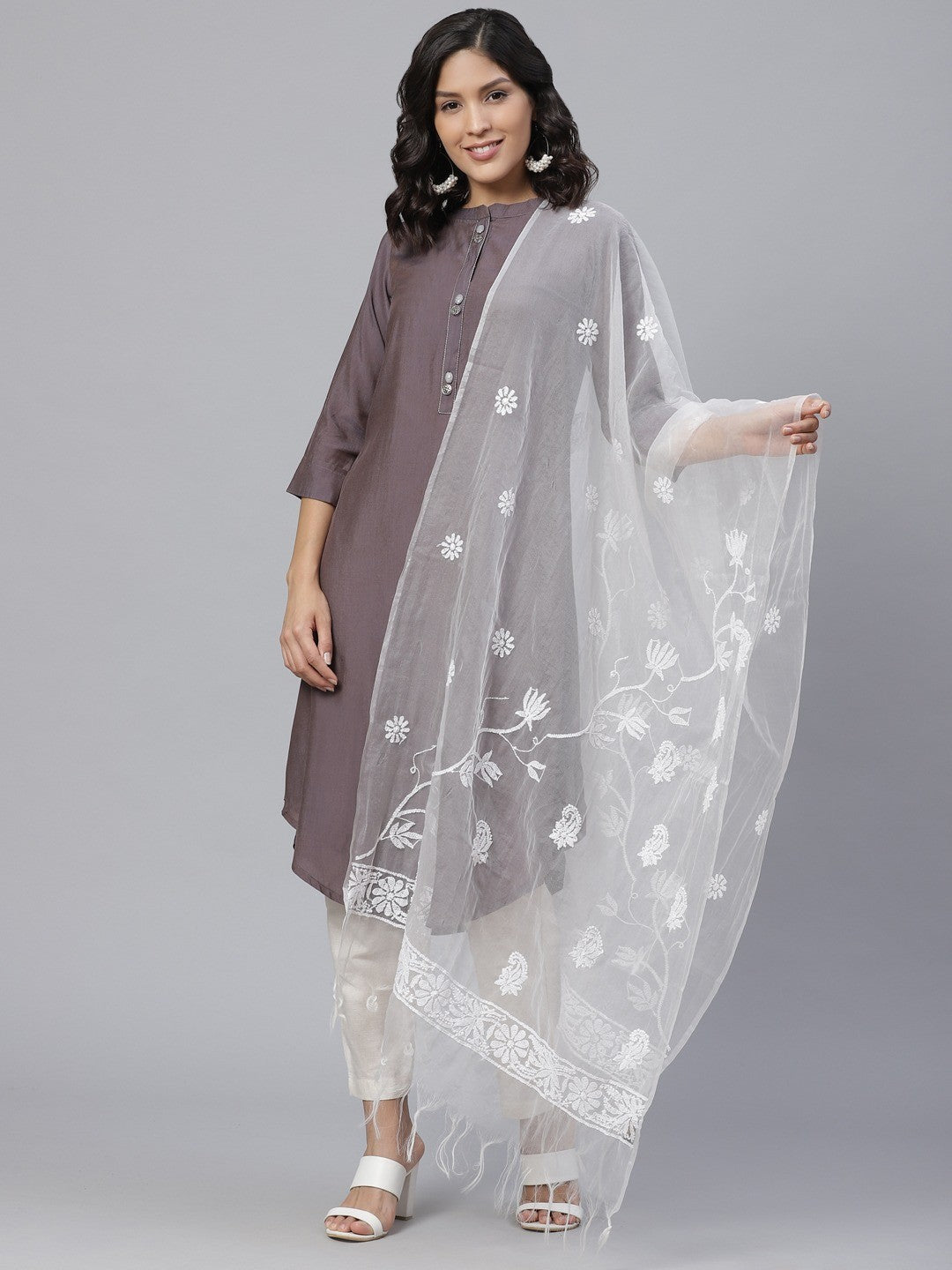 Ada Hand Embroidered White Organza Lucknowi Chikankari Dupatta- A100577