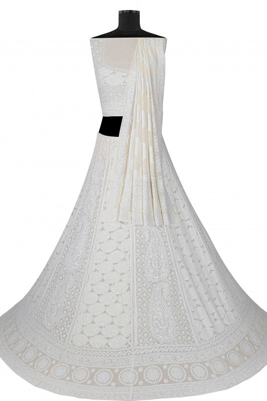 Ada Hand Embroidered Off White Pure Georgette Lucknowi Chikankari Lehenga Set A391405
