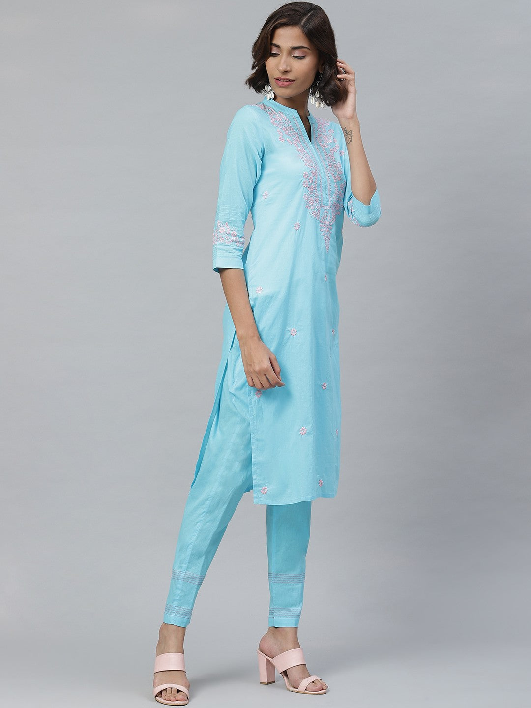 Ada Hand Embroidered Blue Cotton Lucknowi Chikankari Kurta With Trouser Set A100341