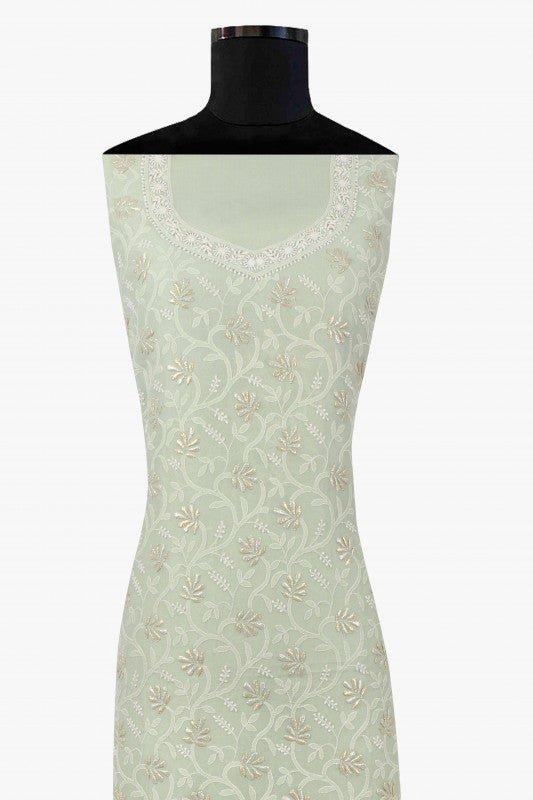 Ada Hand Embroidered Pista Green Organza Lucknowi Chikan Unstitched Kurta Piece With Gota Patti Work A575130