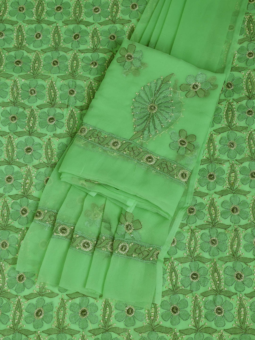 Ada Hand Embroidered Parrot Green Georgette Lucknowi Chikankari Unstitched Suit Piece A593486