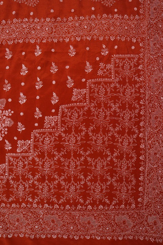 Ada Hand Embroidered Rust Silk Lucknowi Chikankari Saree/Blouse With Cutdana Work A173769