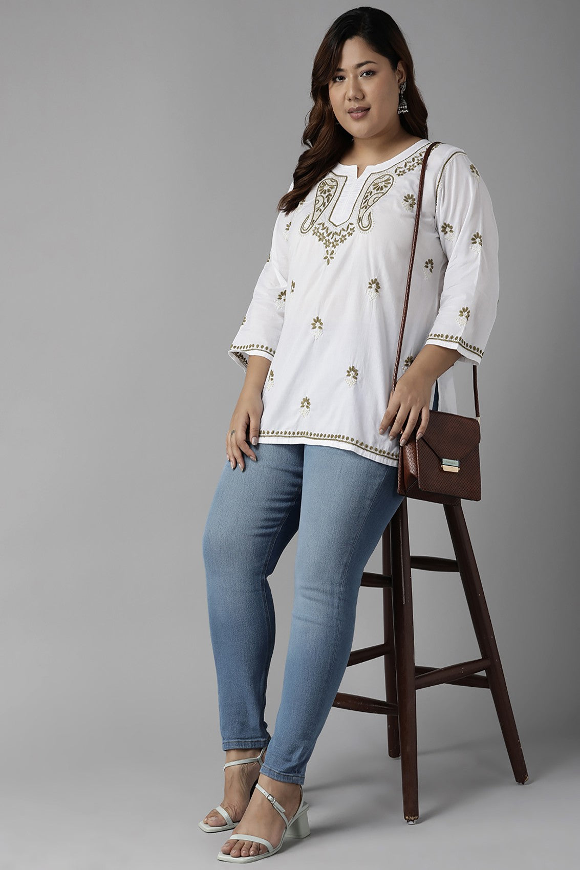 Ada Hand Embroidered White Cotton Lucknowi Chikankari Short Kurti A911223