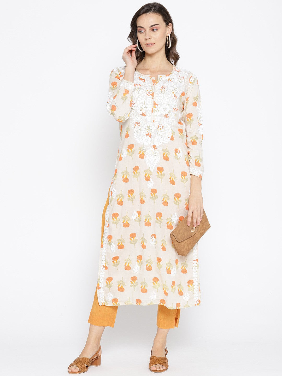 Ada Hand Embroidered Fawn Orange Cotton Lucknowi Chikankari Straight Kurta- A100035