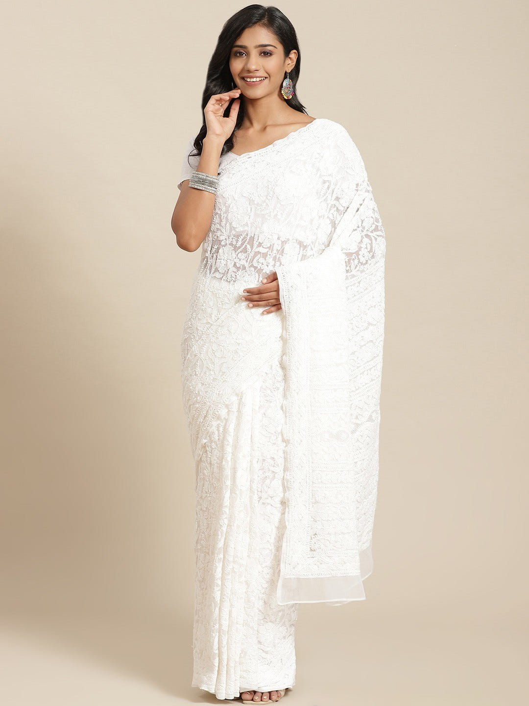 Ada Hand Embroidered White Georgette Lucknow Chikan Saree with Blouse A311328