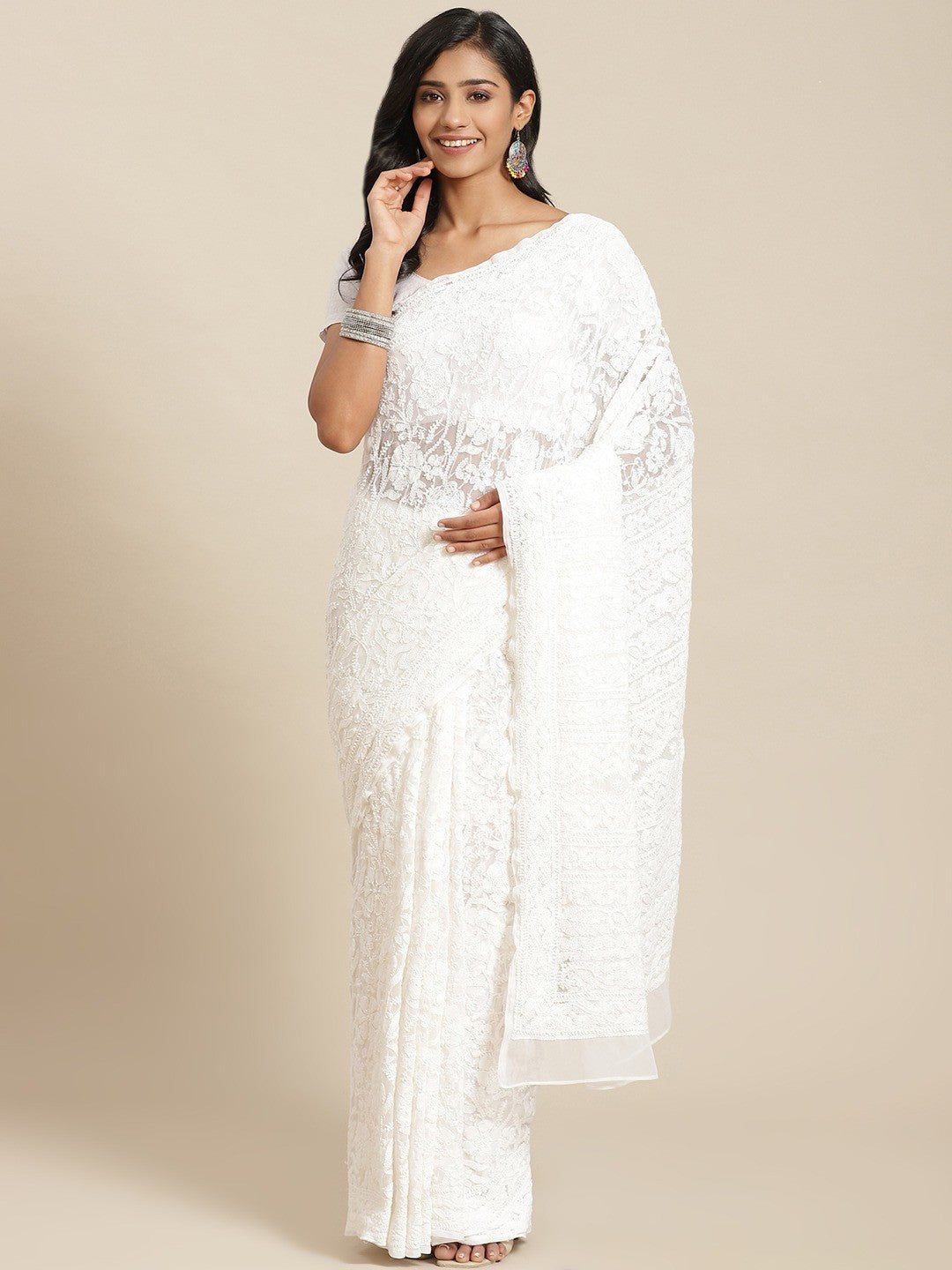 Ada Hand Embroidered White Georgette Lucknow Chikan Saree with Blouse A311328