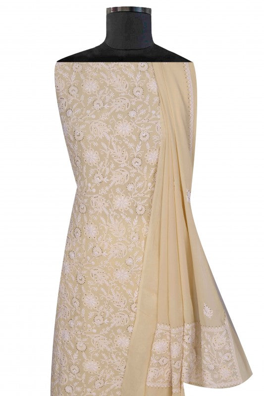 Ada Hand Embroidered Fawn Georgette Unstitched Kurta Dupatta Set With Muqaish Work A336178