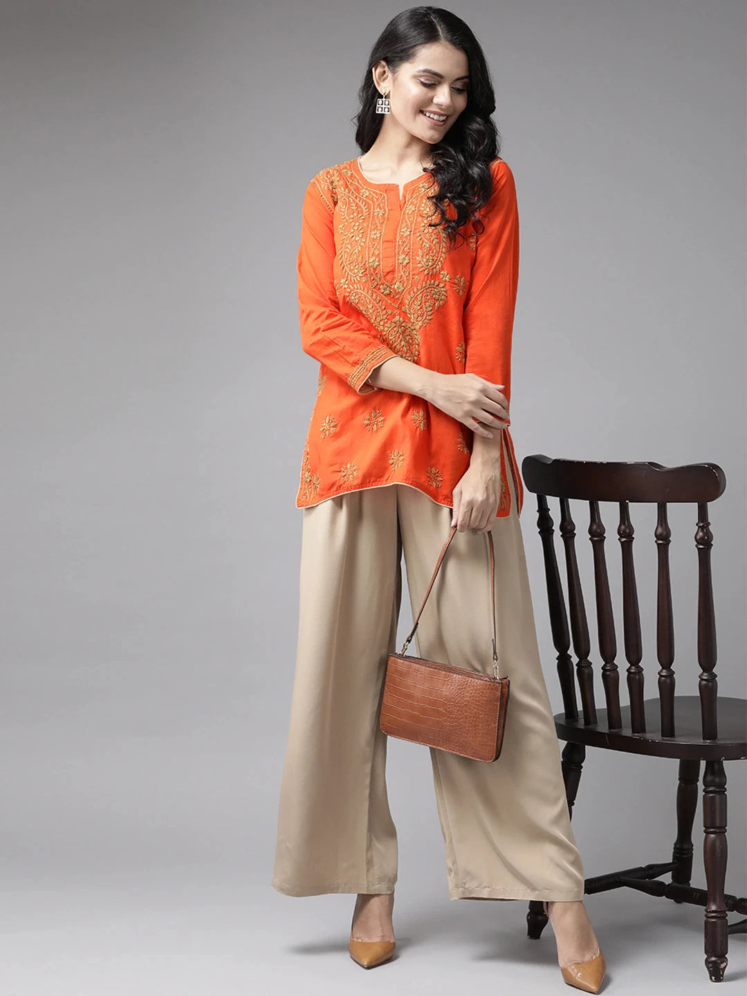 Ada Hand Embroidered Orange Cotton Lucknowi Chikankari Short Kurti A250565