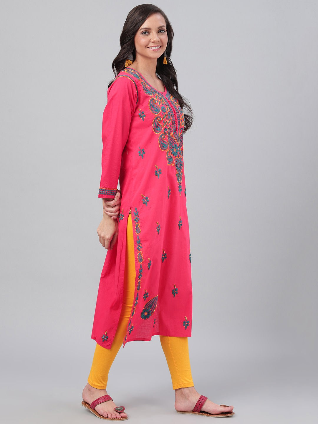Ada Hand Embroidered Carrot Pink Cotton Lucknowi Chikankari Straight  Kurta A223764