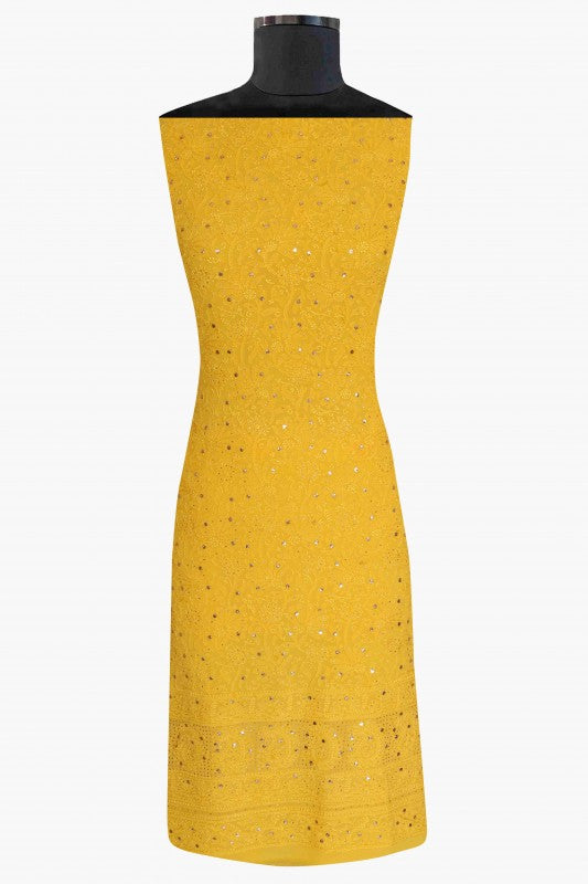 Ada Hand Embroidered Yellow Georgette Lucknowi Chikan Unstitched Kurta Piece with Muqaish Work A597699