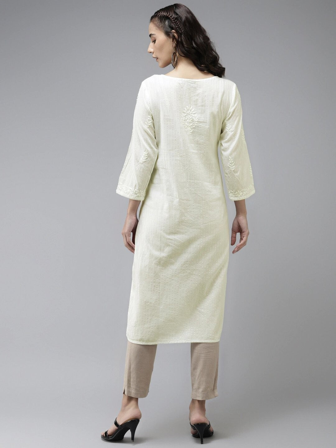 Ada Hand Embroidered Lemon Cotton Lucknow Chikan Straight Kurta A411171