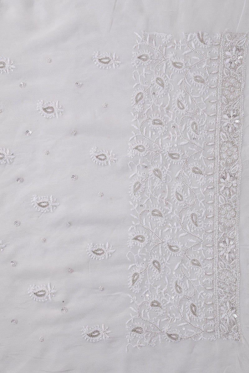 Ada Hand Embroidered White Pure Georgette Chikan Unstitched Kurta Dupatta Set With Pearl Work- A425092