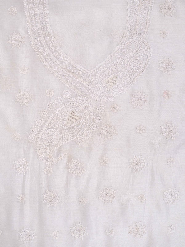 Ada Hand Embroidered White Chanderi Lucknowi Chikan Unstitched Kurta Dupatta Set A594194