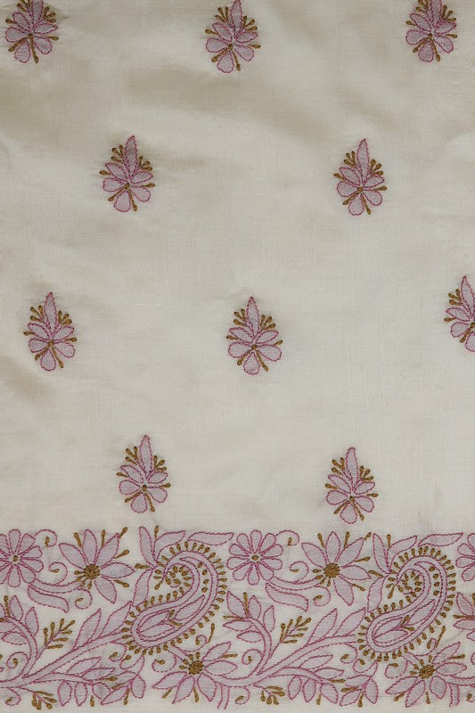 Ada Hand Embroidered Natural Cream Tusser Silk Lucknowi Chikan Unstitched Suit Piece- A609356
