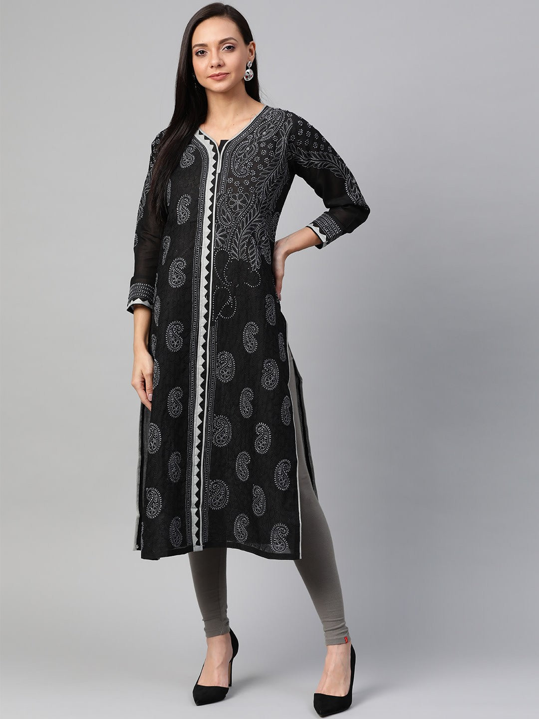 Ada Hand Embroidered Black Cotton Lucknow Chikan Kurta - A100440