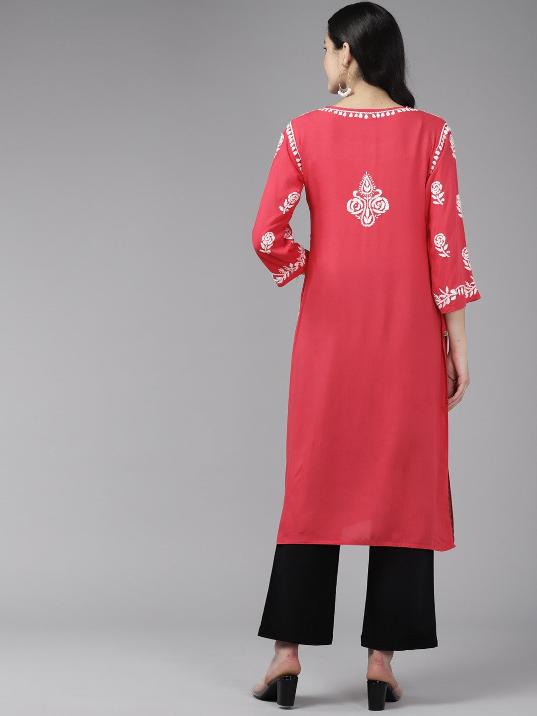 Ada Hand Embroidered Carrot Pink Rayon Lucknowi Chikankari Straight Kurta A411431