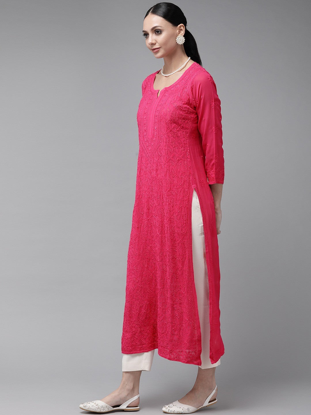 Ada Hand Embroidered Magenta Georgette Lucknowi Chikankari Straight Kurta A411335