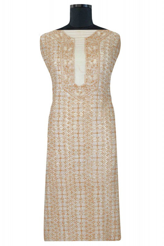Ada Hand Embroidered Natural Fawn Tussar Silk Lucknowi Chikan Unstitched Kurta Piece A606087