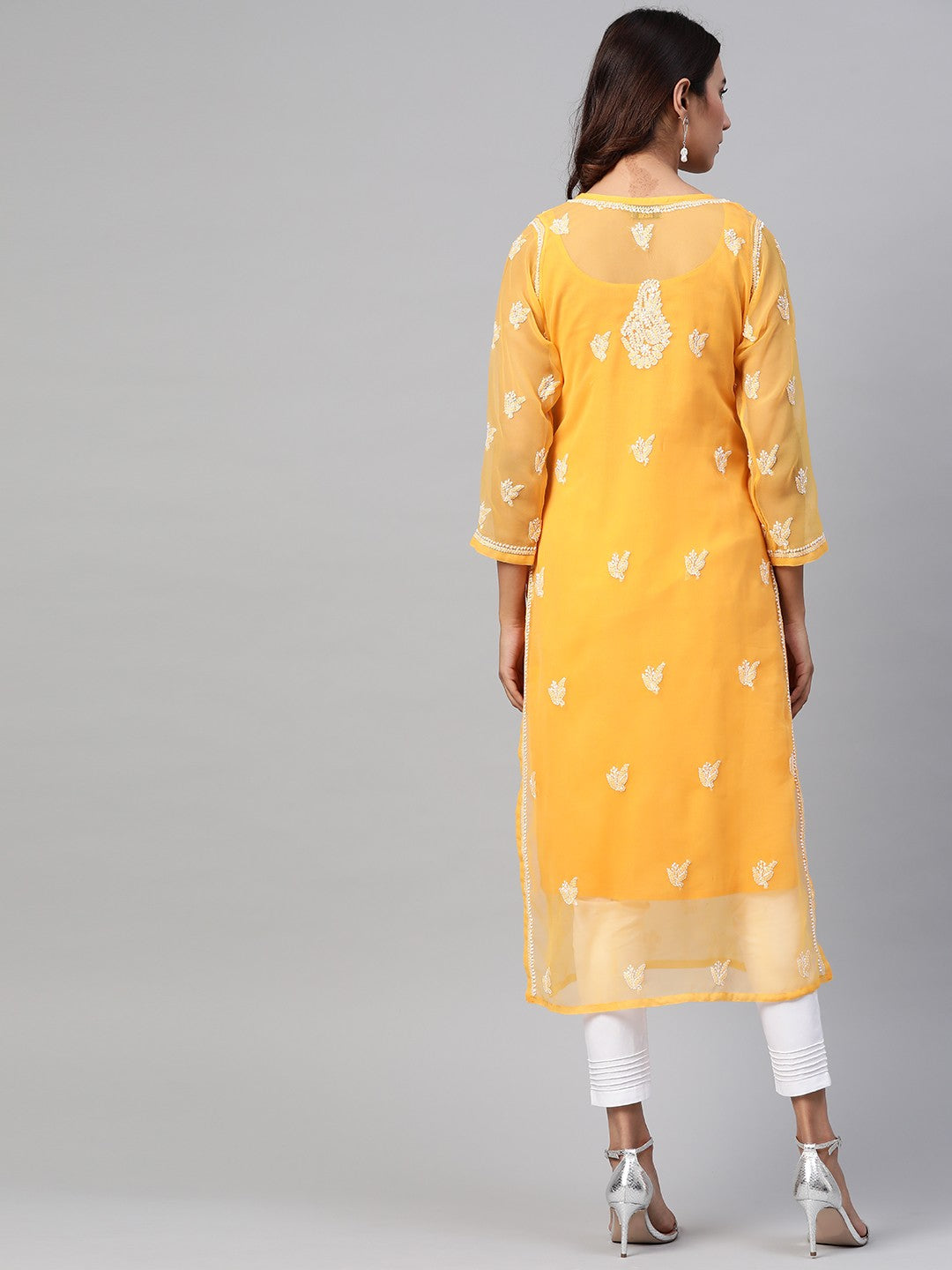 Ada Hand Embroidered Mustard Georgette Lucknowi Chikankari Straight Kurta Set With Slip A811164