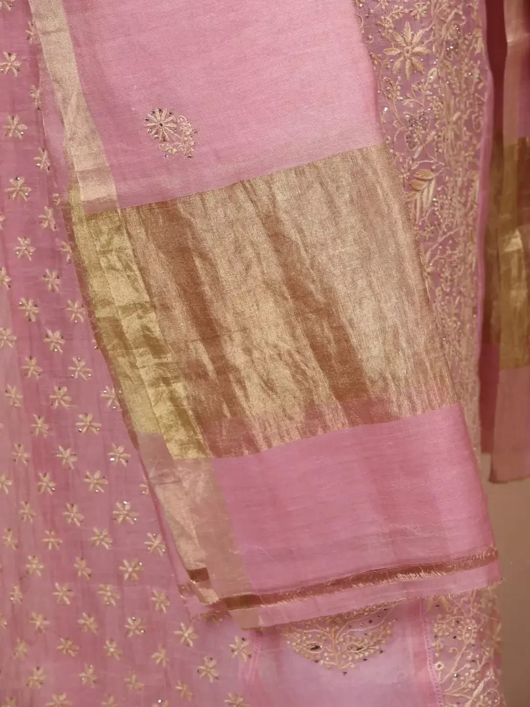 Ada Hand Embroidered Dusty Peach Tissue Lucknowi Chikankari Semi-stitched Kurta Dupatta Set With Muqaish Work 01A229599