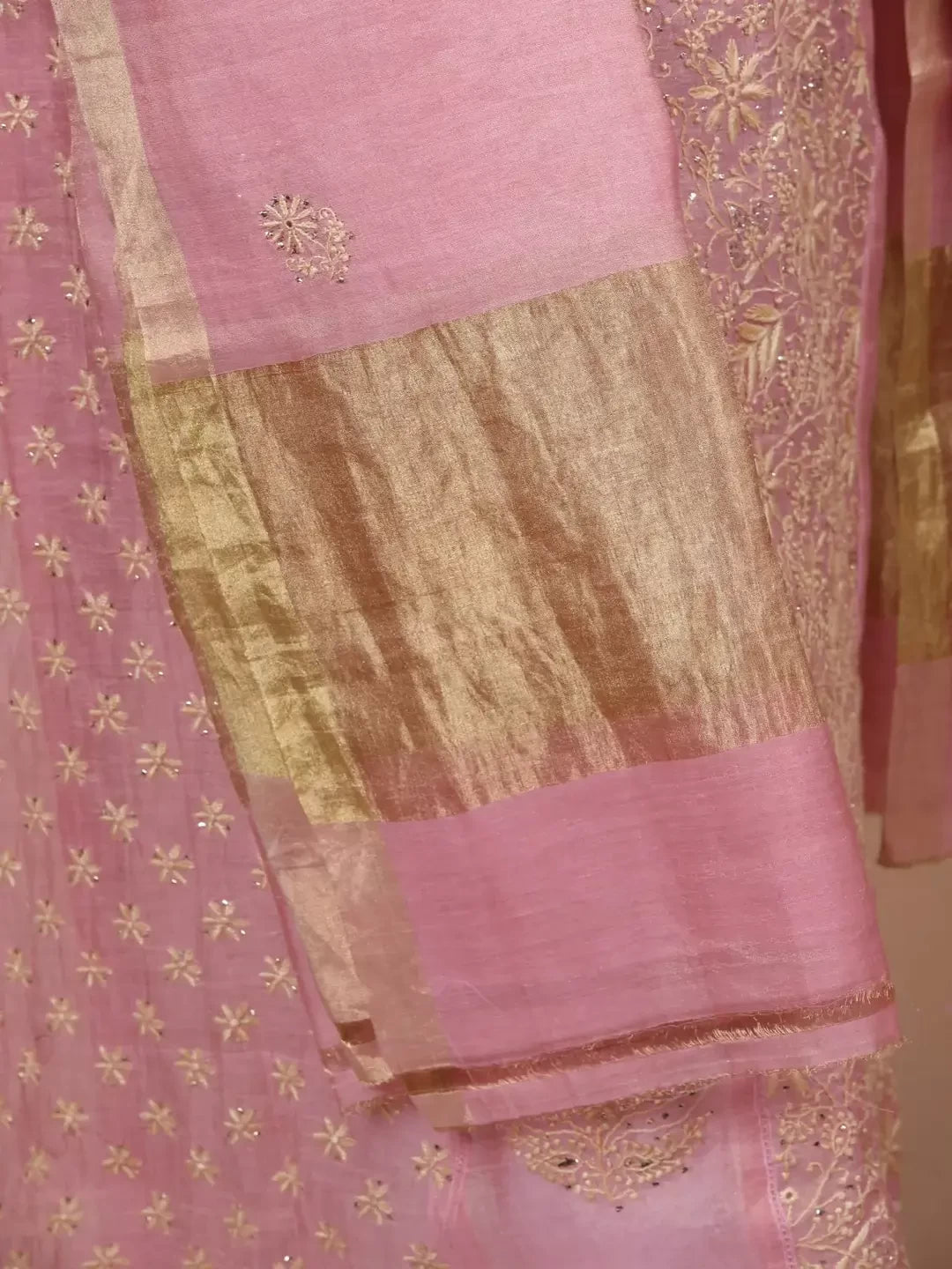 Ada Hand Embroidered Dusty Peach Tissue Lucknowi Chikankari Semi-stitched Kurta Dupatta Set With Muqaish Work 01A229599