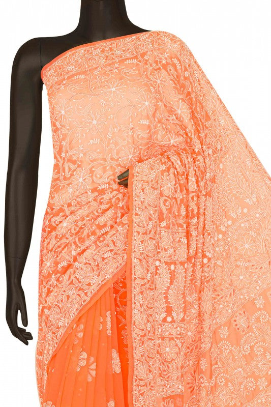 Ada Hand Embroidered Blaze Orange Georgette Lucknowi Chikankari Saree with Blouse With Sequinned Work A588604