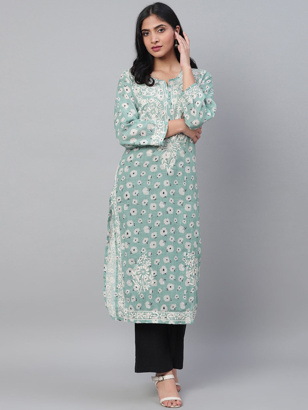 Ada Hand Embroidered Blue Cotton Lucknow Chikan Straight Kurta A100434
