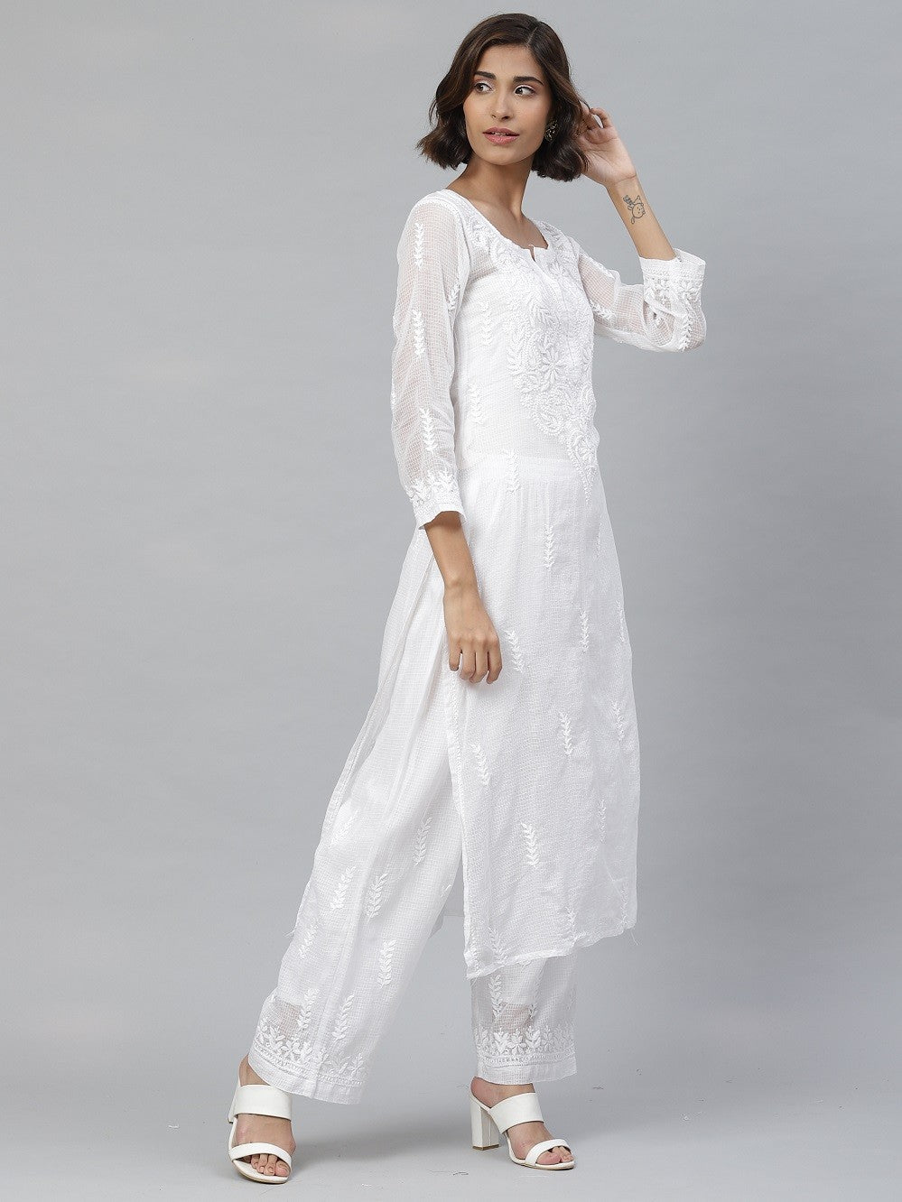 Ada Hand Embroidered White Kota Lucknowi Chikankari Straight Kurta Set With Slip A811111