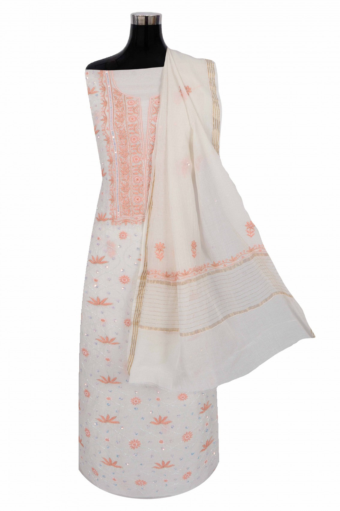 Ada Hand Embroidered Off White Chanderi Lucknowi Chikankari Unstitched Kurta Dupatta Set With Pearl Work 01A265086