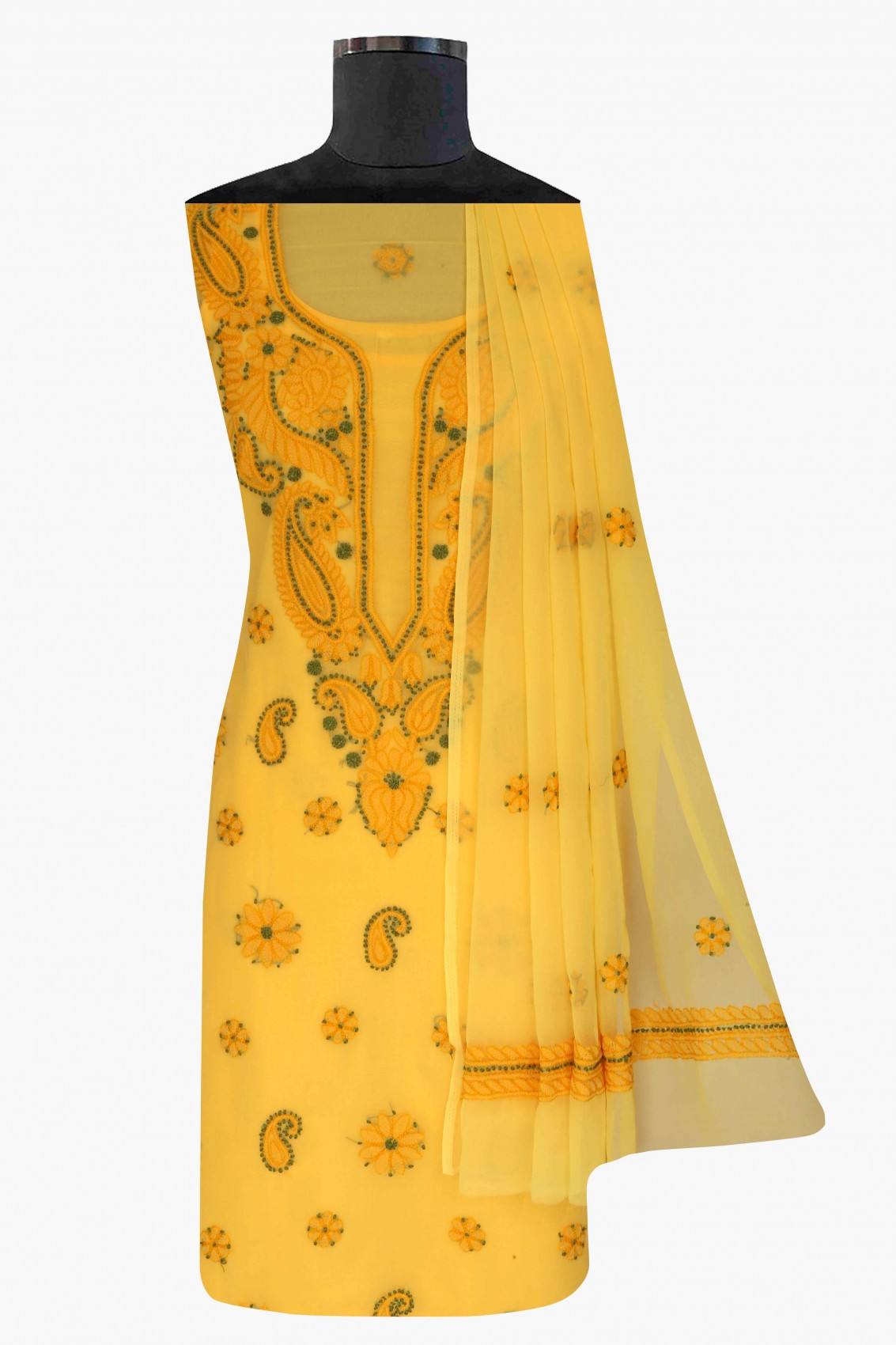 Ada Hand Embroidered Yellow Georgette Lucknowi Chikankari Unstitched Suit Piece A211189