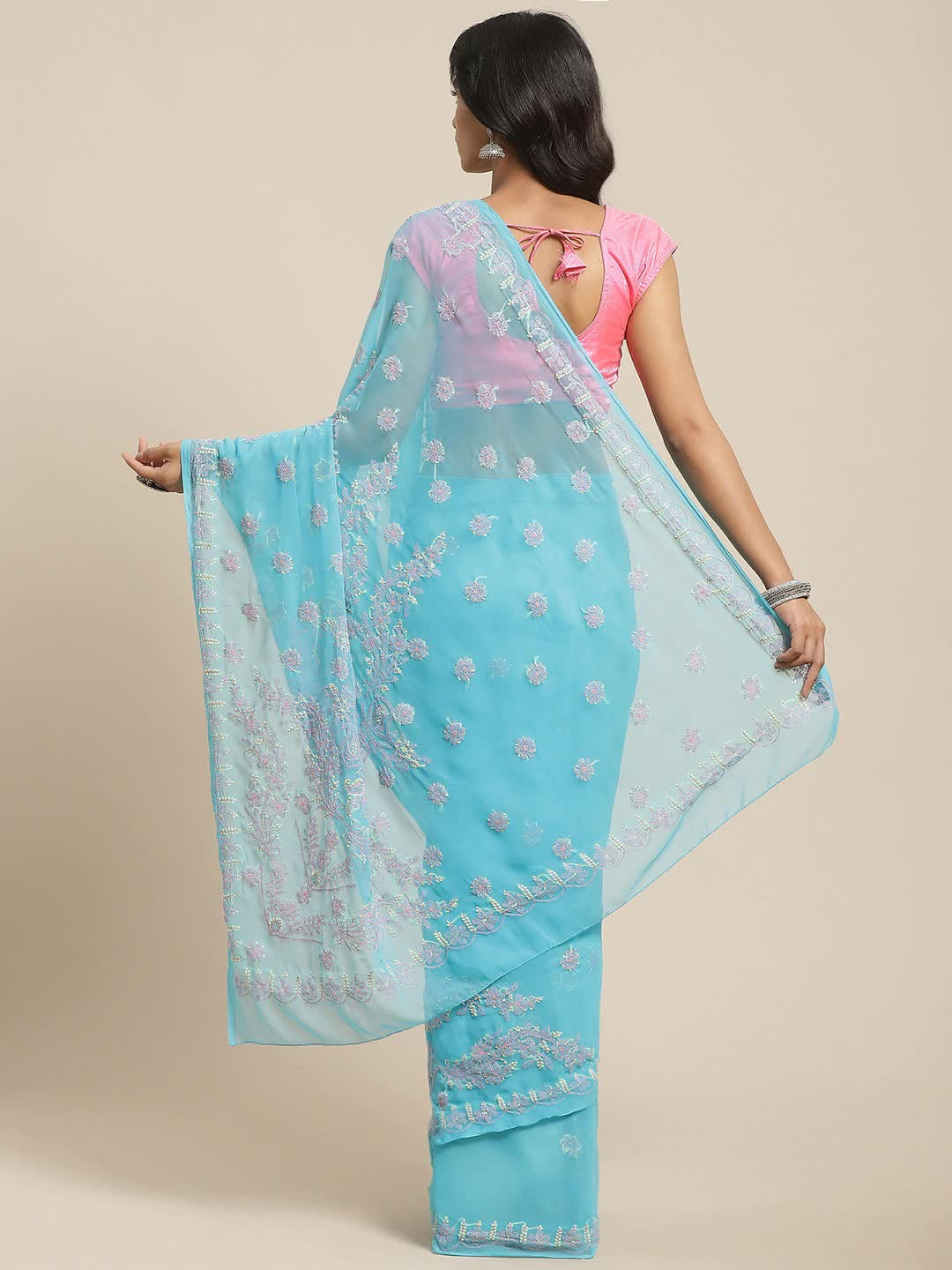Ada Hand Embroidered Blue Georgette Lucknow Chikan Saree with Blouse A237053