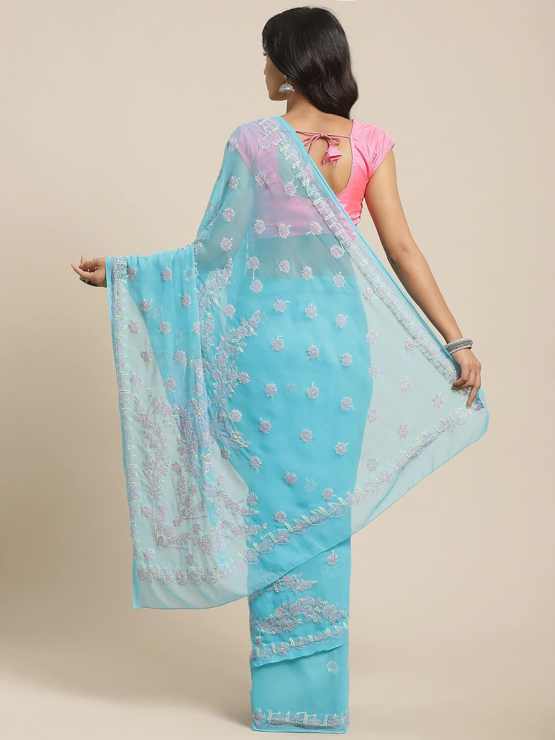 Ada Hand Embroidered Blue Georgette Lucknow Chikan Saree with Blouse A237053