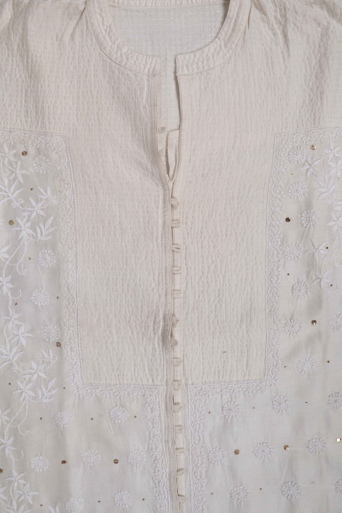 Ada Hand Embroidered Cream Chanderi Lucknowi Chikankari Semi-Stitched Anarkali Kurta Dupatta Set With Muqaish Work A604160