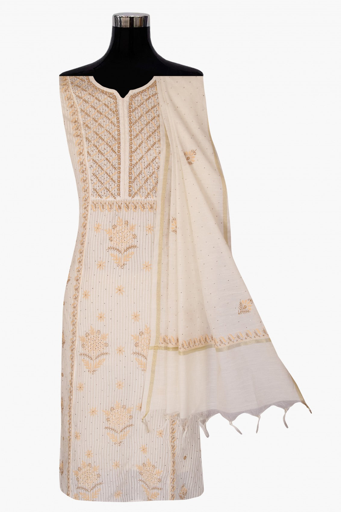 Ada Hand Embroidered White Chanderi Lucknowi Chikankari Semi-stitched Kurta Dupatta Set With Muqaish Work 01A136886
