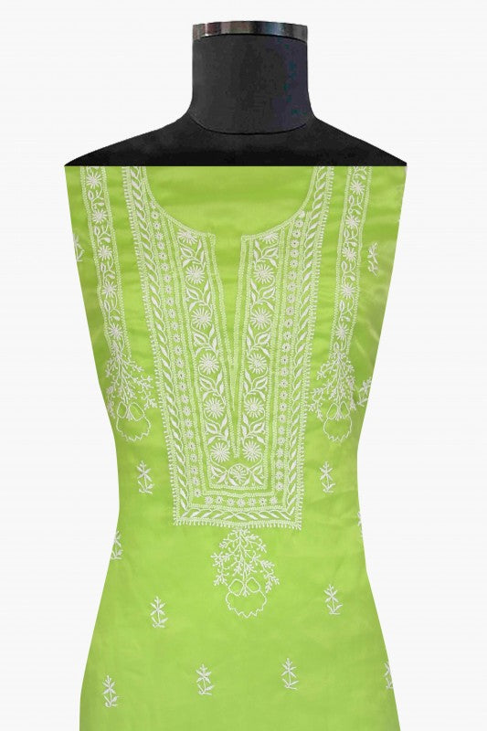 Ada Hand Embroidered Electric Lime Green Organza Chikan Unstitched Kurta Piece-A581354