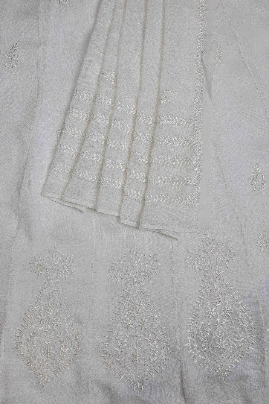Ada Hand Embroidered White Organic Bamboo Semi-Stitched Anarkali Kurta Dupatta Set A597307
